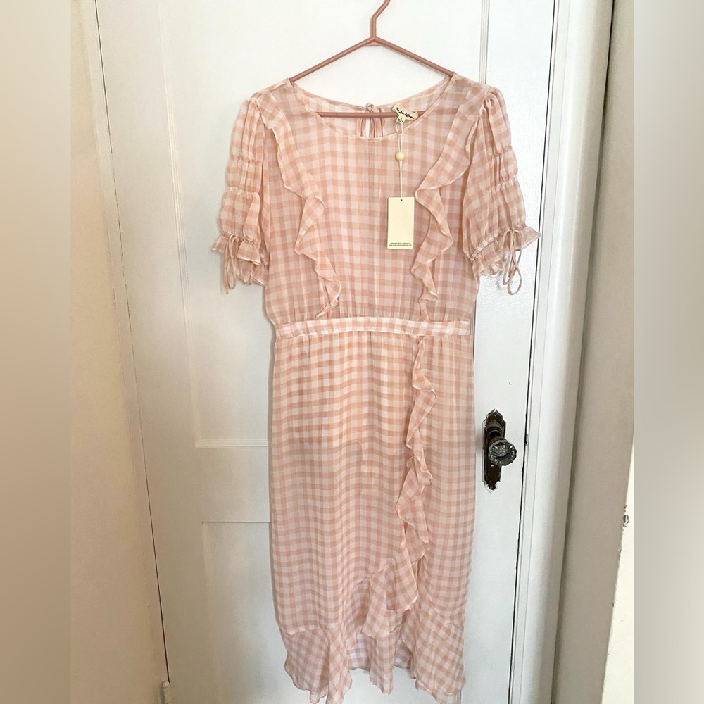 For love and lemons Dorothy dress size L BNWT pink gingham sheer midi dress